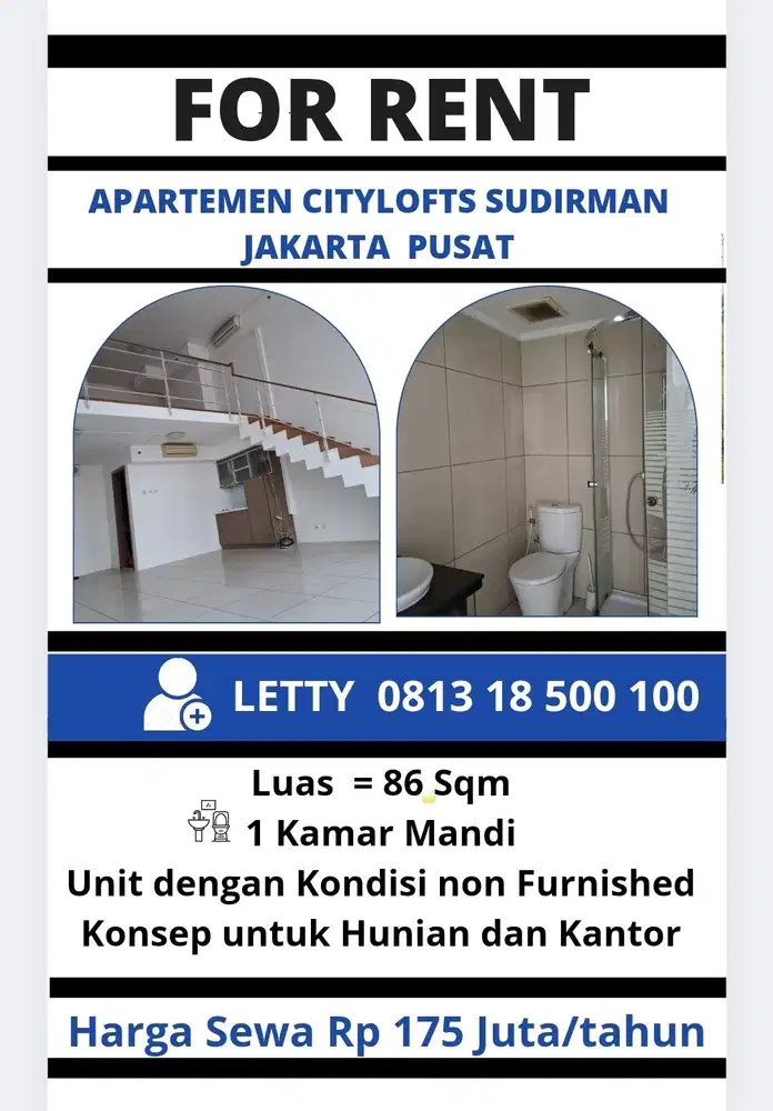 Apartemen Citylofts Sudirman Jakarta Rp 175 Juta / tahun Nego