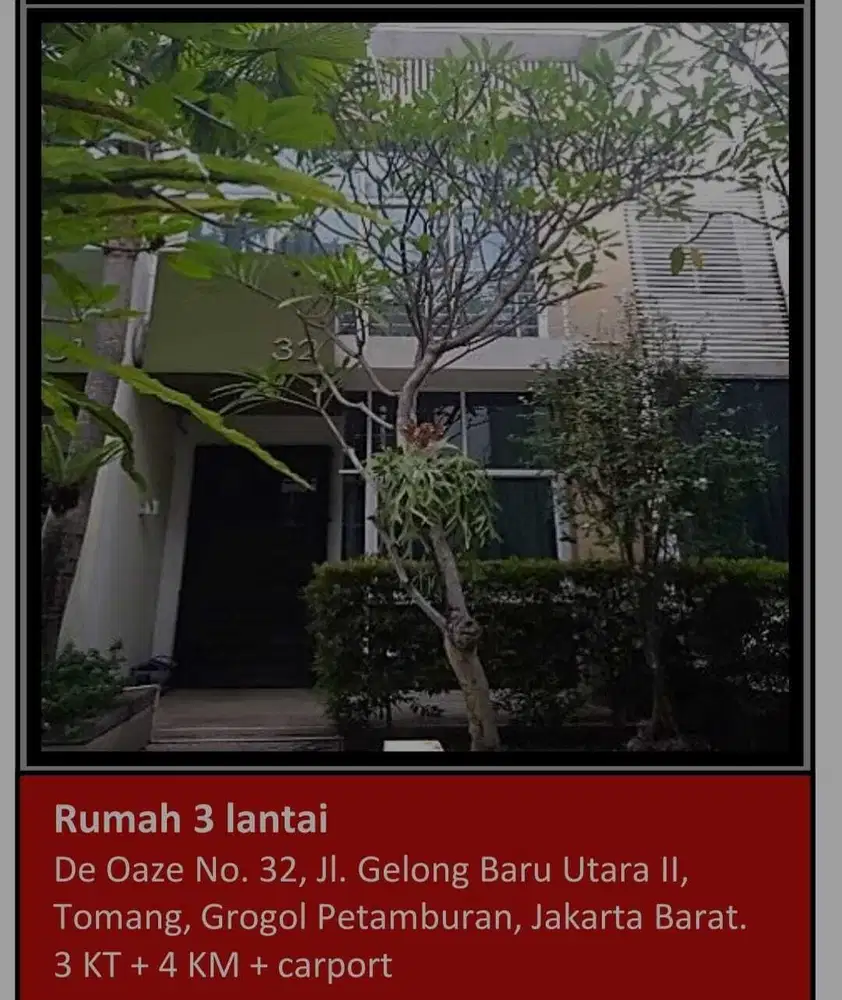 DiJual Rumah 3 Lantai Aset Bank Jl Gelong Baru Utara II Tomang