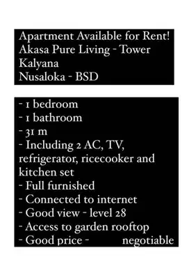 Disewakan apart BSD 1BR - akasa pure living
