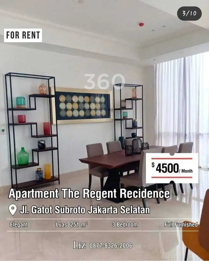 Disewa Apartemen The Regent Residence 3BR Elegant Uk251sqm at Jaksel