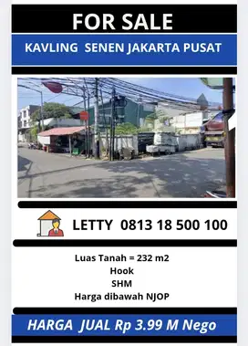 Dibawah Harga NJOP Kavling / Tanah Senen Jakarta Pusat Rp 3.99 M