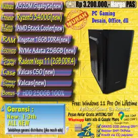 PC Ryzen 5 3400G ram 16GB Nvme 256GB Gaming Desain Hemat Murah PAS