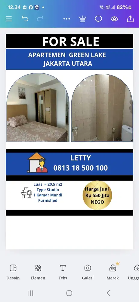 Apartemen Green Lake Sunter Jakarta Utara Rp 550 Juta Nego