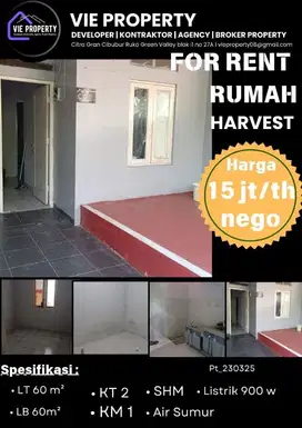 Di Sewakan Rumah Tanpa Furnish. Harvest City  Cibubur