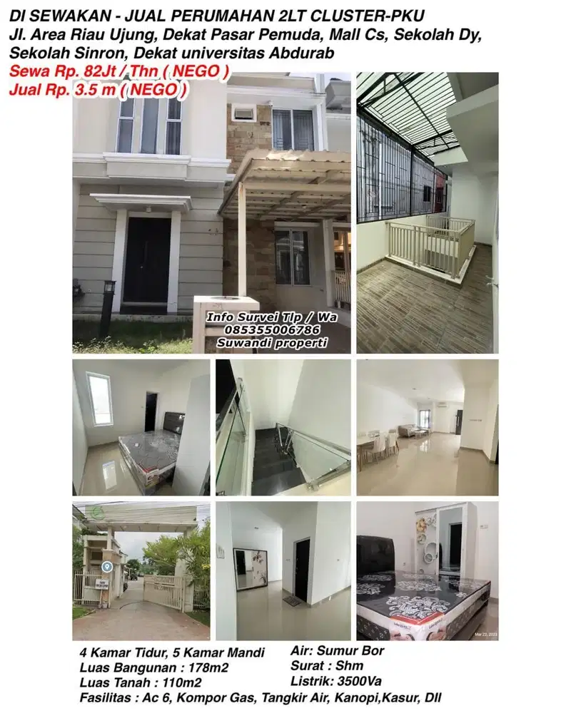 Disewakan- jual Perumahan 2 LT cluster Jalan Area Riau Ujung