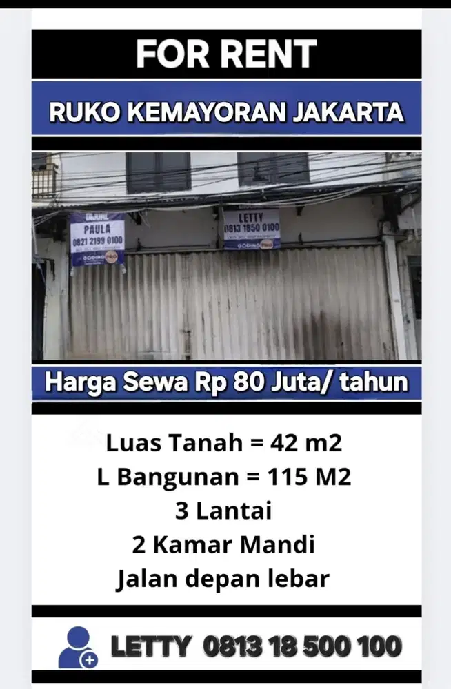 Ruko 3 Lantai Kemayoran Jakarta Pusat  Rp 80 Juta/ tahun Nego