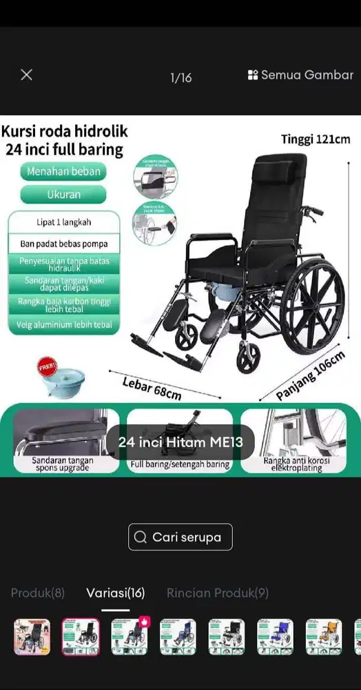 Kursi Roda Hidrolik 24 inc Full Baring