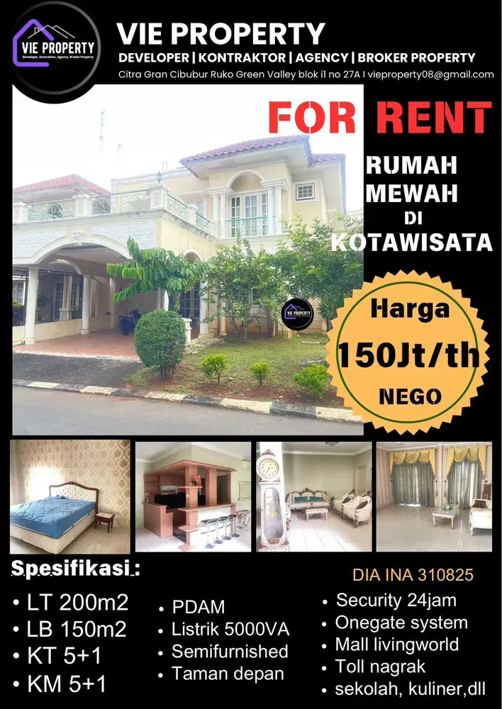 Rumah Sewa Full Furnished di Kota Wisata Cibubur