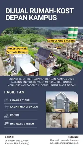 dijual rumsh kos depan kampus uin dan wisata kota batu