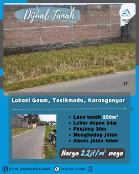 Tanah Dengan Akses Jalan Lebar di Tasikmadu Karanganyar
