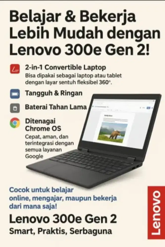 Laptop Lenovo 300e ( chromebook )gen 2 GRATIS ONGKIR JABODETABEK