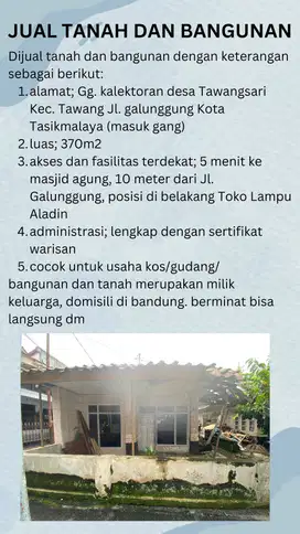 Dijual tanah + rumah di Tawangsari Tasikmalaya (belakang toko Aladdin)