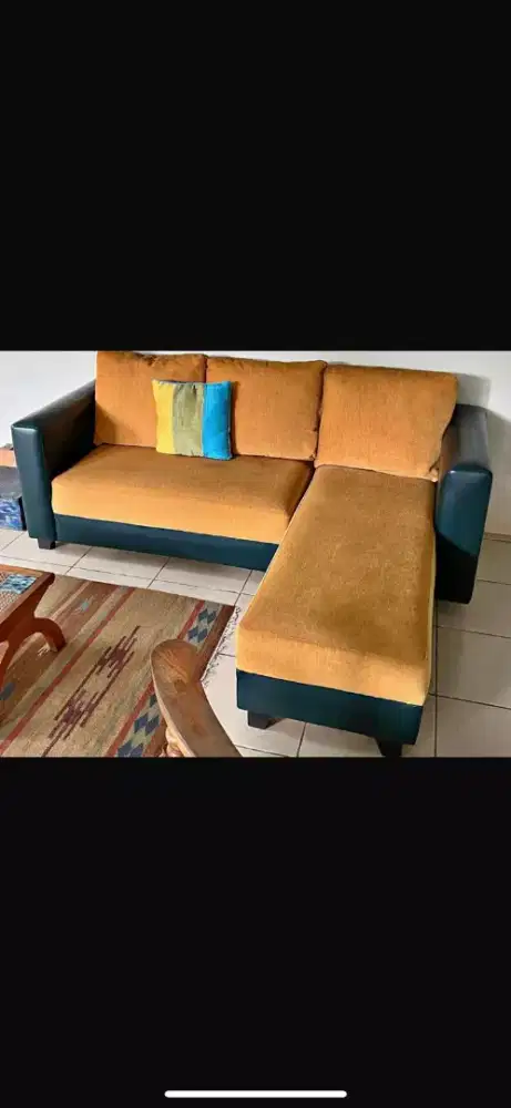 L shape sofa baru ganti kain nya