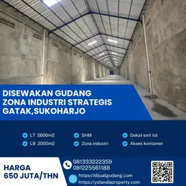 Disewakan Gudang Siap Huni,Zona Industri Strategis Gatak,Sukoharjo 2600m2