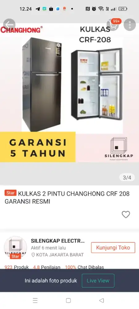 Kulkas second merk Changhong type crf 208