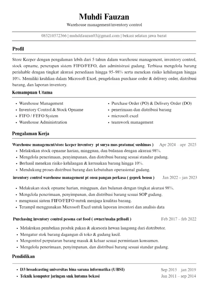Store keeper f&b