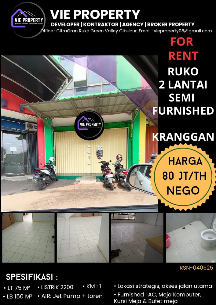 DISEWAKAN MURAH, RUKO SIAP HUNI, STRATEGIS DEPAN JALAN UMUM KRANGGAN