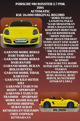 [ KM 26.000 ORIGINAL ] PORSCHE BOXTER 981 2.7 PDK AT 2014 SIAP PAKAI