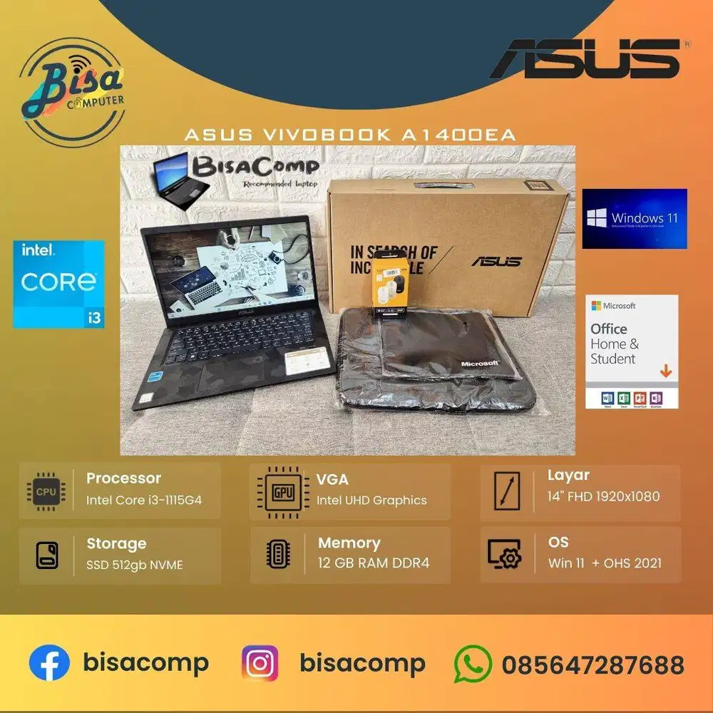 Asus Vivobook A1400EA Core i3 SSD 512gb Ram 12gb 14inchFHD Fullset