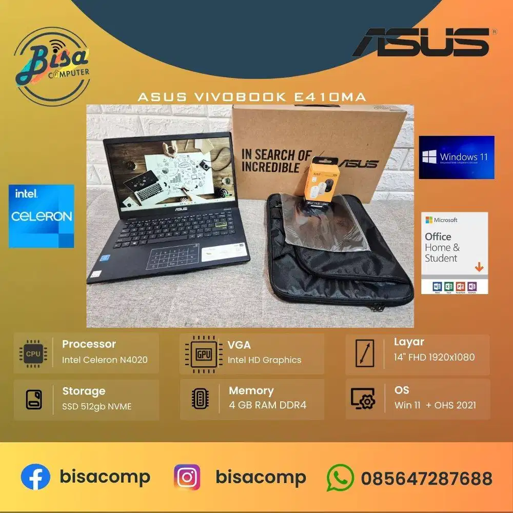 Asus Vivobook E410M Intel N4020 SSD 512gb Ram 4gb 14inchFHD Fullset