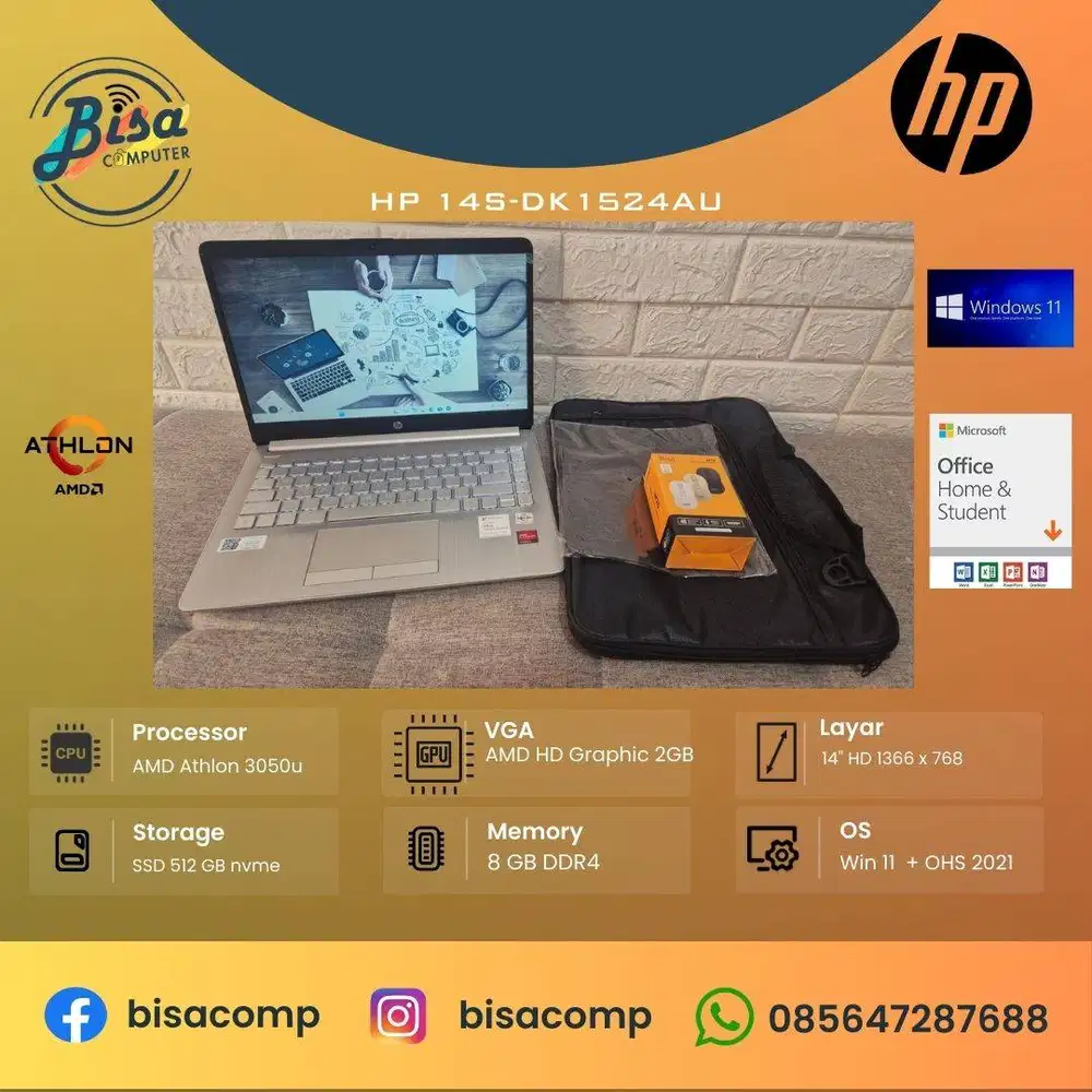 HP 14s-dk1524AU AMD Athlon 3050u SSD 512gb Ram 8gb 14inchHD VGA 2gb