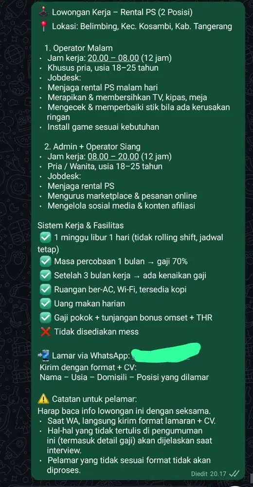 Lowongan Kerja – Rental PS (2 Posisi)
