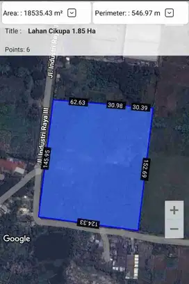 Dijual Tahah Darat 1,85 Ha di Kawasan Industri di Cikupa