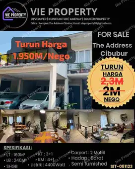 Turun Harga 1,950 M Nego Jual Cepat Rumah Siap Huni. The Addres Cibubur.
