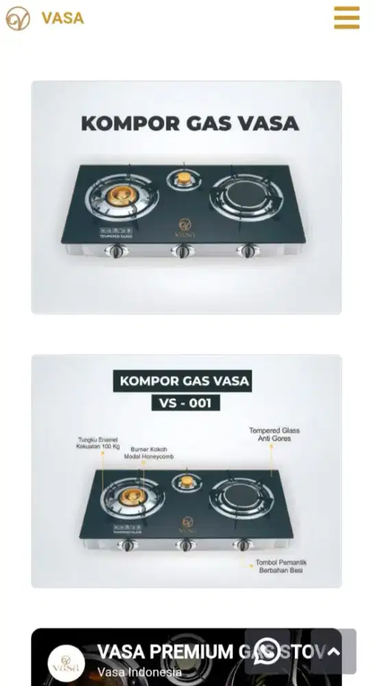 Dijual Kompor Gas Vasa VS-001 Premium Baru dan Selang Gas Vaganza Baru