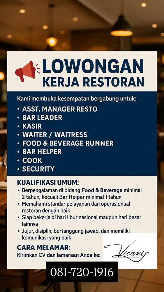Dibutuhkan staff dan management rumah makan