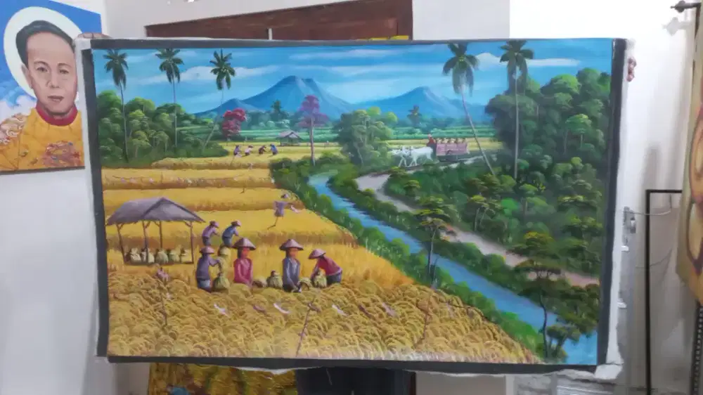 Dijual lukisan kanvas pemandangan sawah 85x135 cm