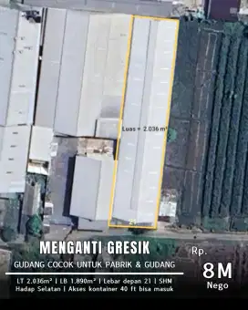 Dijual gudang siap pakai menganti gresik