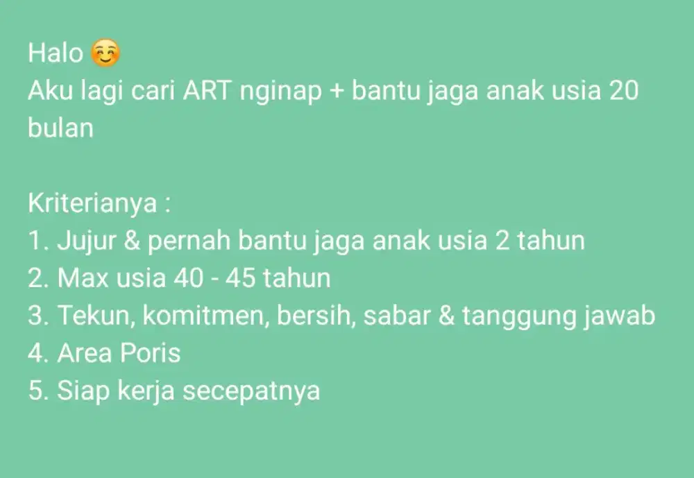 Dibutuhkan CEPAT ART NGINAP bebersih rumah + sesekali bantu jaga anak