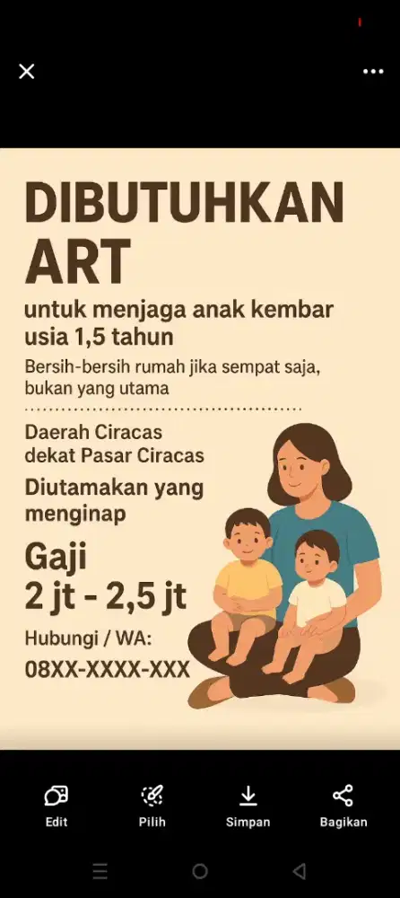 Dibutuhkan ART jaga anak