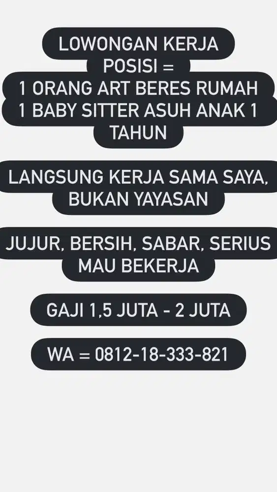 LOWONGAN KERJA BABY SITTER, PENGASUH, ASUH ANAK