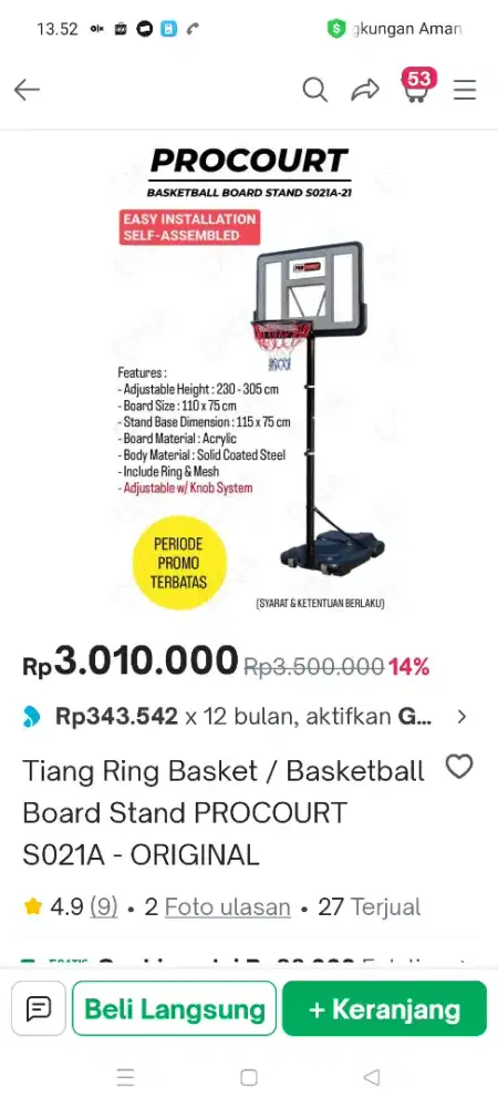 NEGO TAWAR Tiang basket procourt basketball board stand s021a-21