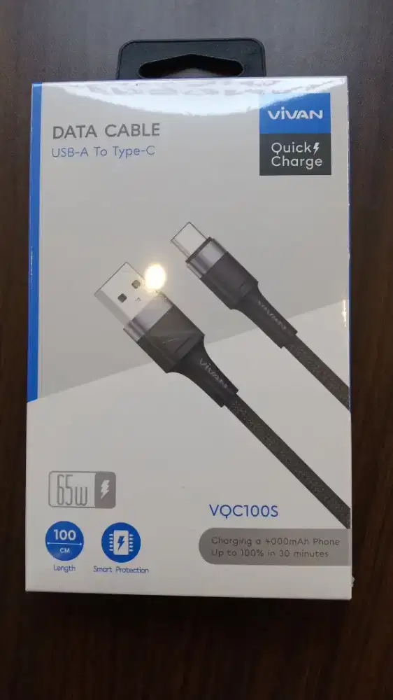 Vivan VQC100S Kabel Data Charger USB Type C Smart Protection 65W QC
