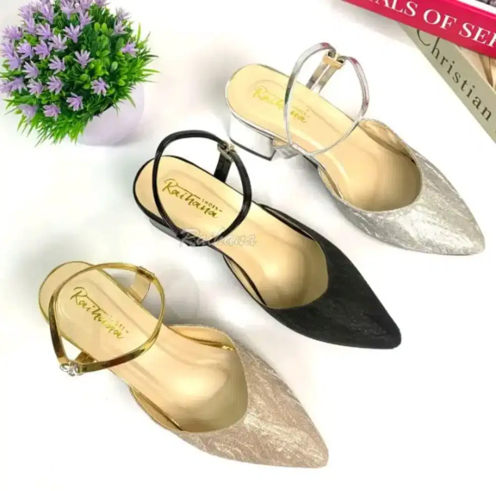 SENDAL WANITA HEELS 3CM SELOP KIMILAU SILANG TALI BELAKANG
