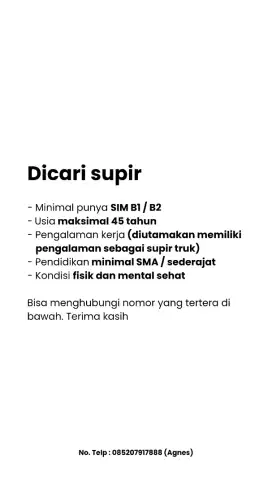 Dicari supir untuk kendaraan truk
