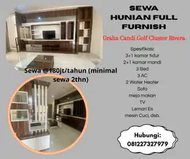 Rumah Cluster Mewah Disewakan Grand Candi Golf 2LT Full Furnish