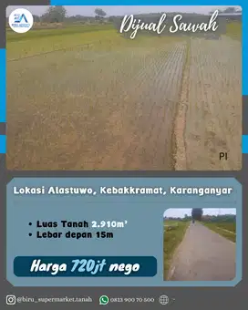 Tanah Sawah Produktif dengan Irigasi Lancar di Alastuwo, Karanganyar