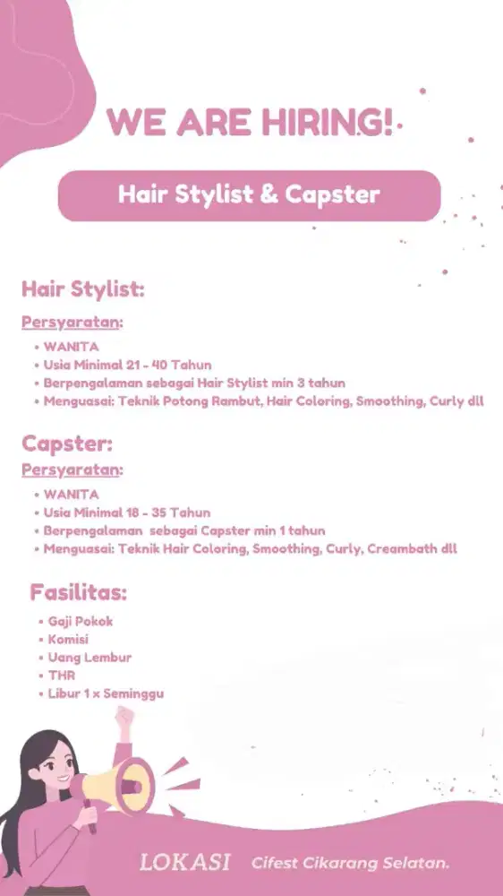 Dicari Hair Stylist & Capster Salon Khusus Wanita