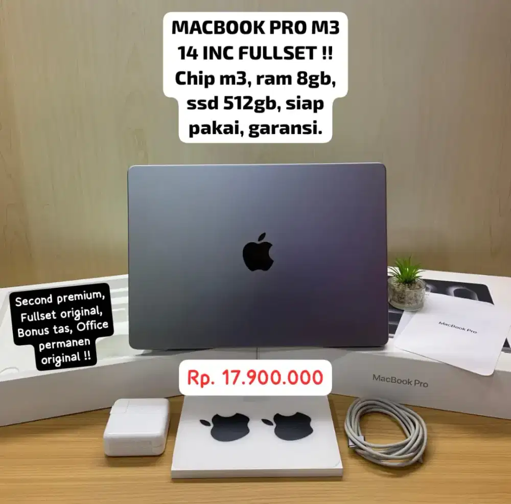 MACBOOK PRO M3 14 INC FULLSET, ORIGINAL GARANSI.