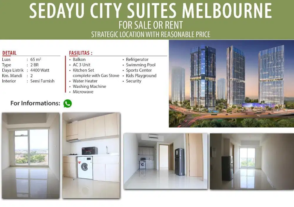 DIJUAL DAN DISEWAKAN UNIT APARTEMENT SEDAYU CITY SUITES MELBOURNE