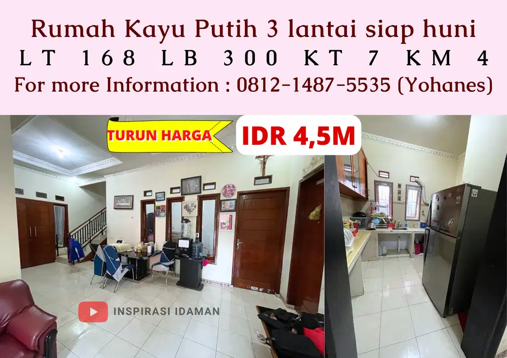 Rumah Kayu Putih 168mtr 3 lantai 7KT siap huni