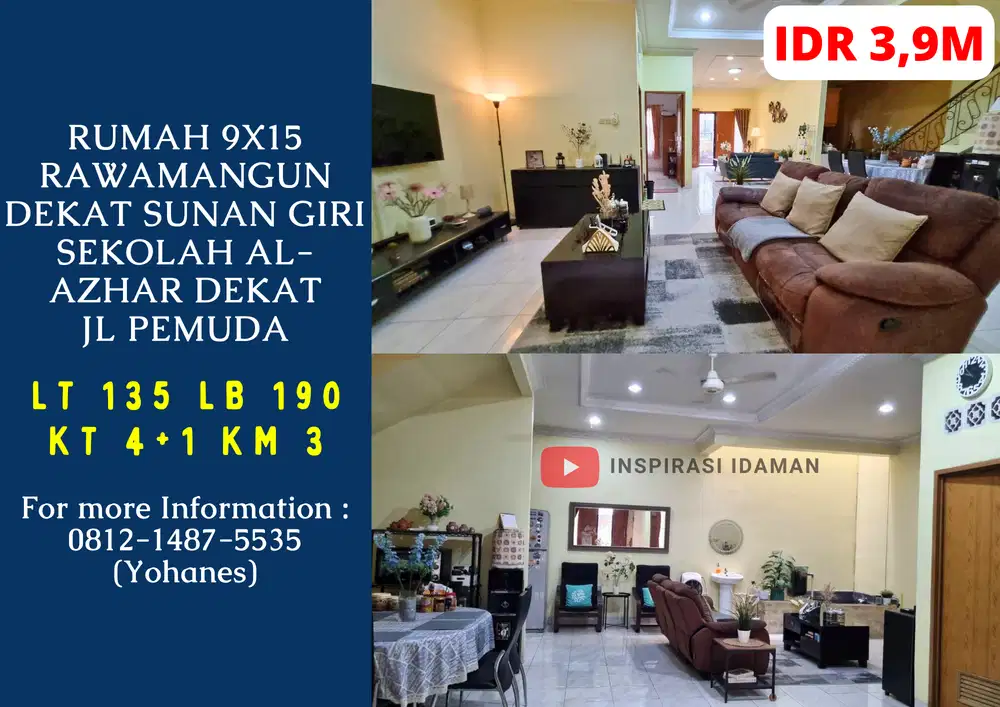 Rumah Rawamangun 9x15 dekat Sunan Giri sekolah Al-Azhar