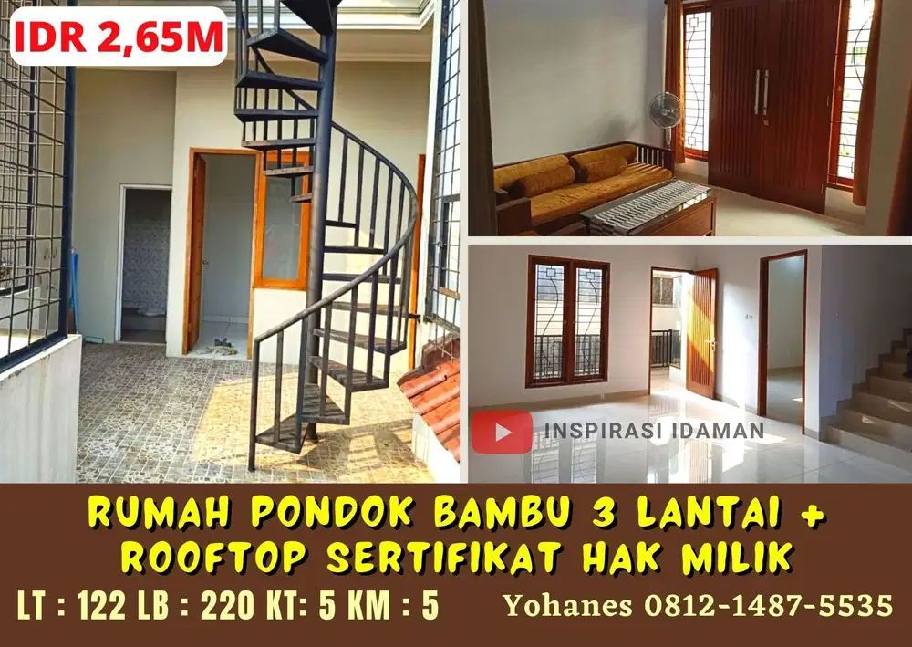 Rumah Pondok Bambu 3 lantai plus rooftop sertifikat hak milik