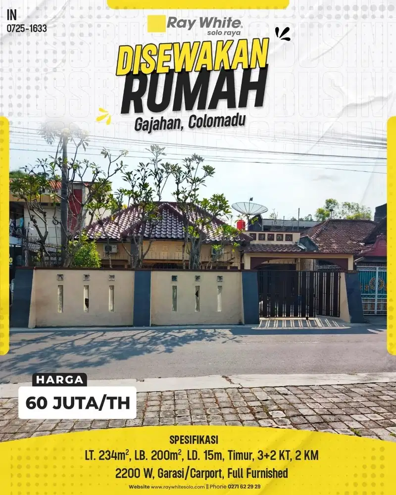 Disewakan Rumah Siap Huni Full Furnished di Gajahan, Colomadu