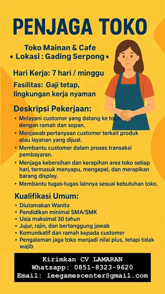 Lowongan Penjaga Toko Mainan & Senior Barista Tangerang