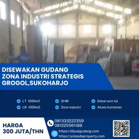 Disewakan Gudang Zona Industri Super Strategis Grogol,Sukoharjo 1200m2